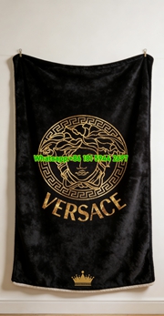 Versace Black Gold Foil Medusa Greek Key Logo Printed Flannel Throw Blanket IMG_1287